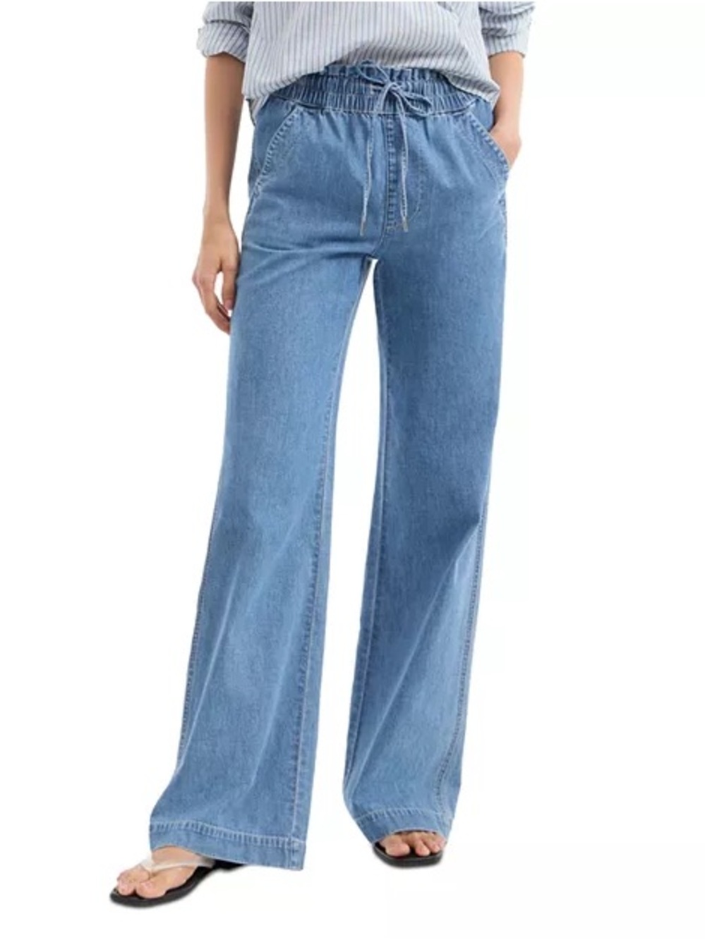 Veronica Beard Dunford High Rise Wide Leg Drawstring Jeans - Blue - Picture 3 of 9